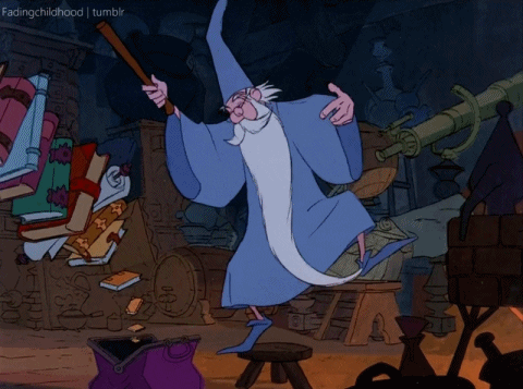 wizard dancing and waving wand at floating books